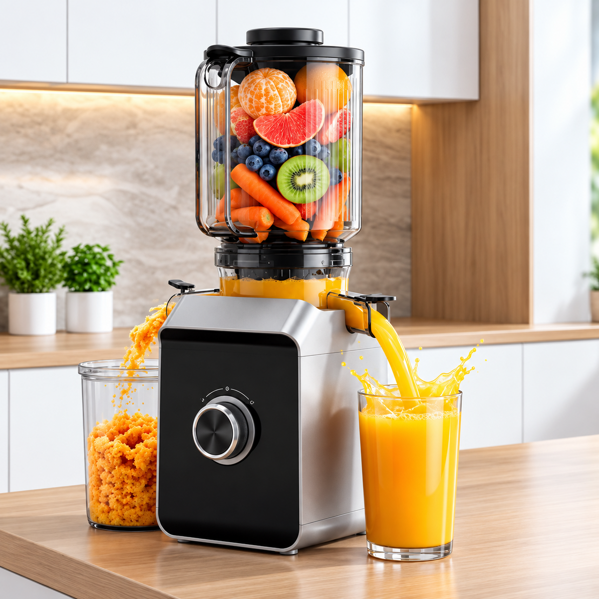 Extracteur de jus avec fruits frais, pulpe et jus d’orange dans une cuisine lumineuse