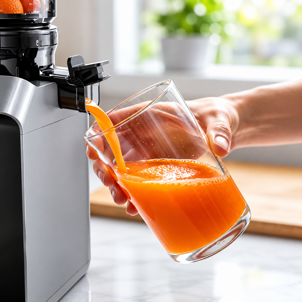Extracteur de jus versant un jus d’orange frais dans un verre