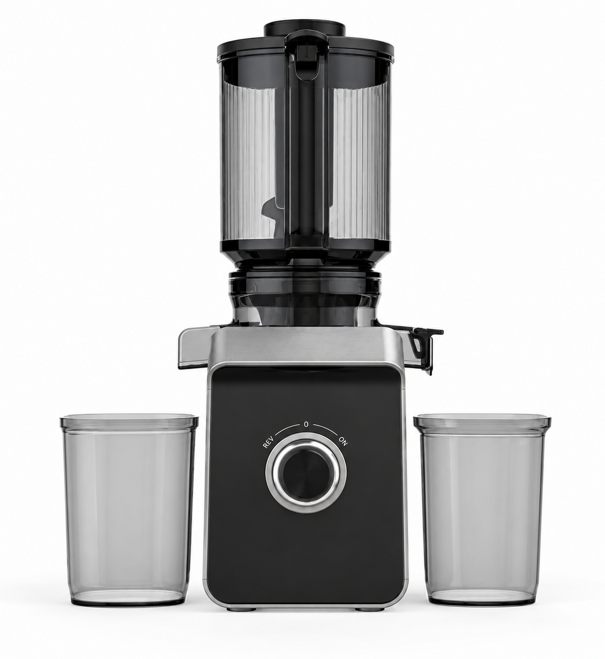 Extracteur de jus noir et inox sur fond blanc avec deux récipients